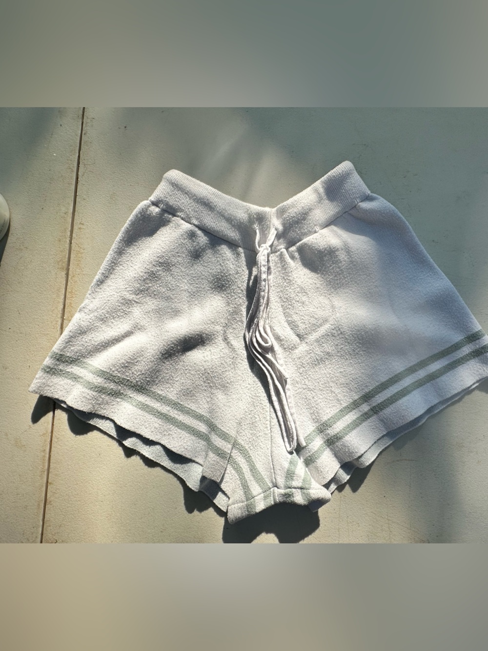 Women's White Terry Athletic Shorts with Sage Stripe